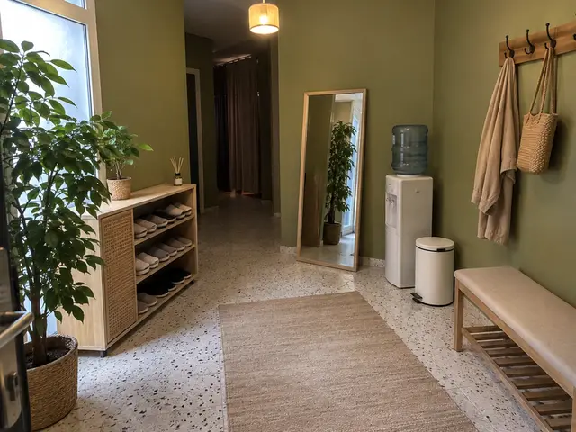 Bekleme alanı: bank, ayna, su sebili ve askılar — Yeşilköy, Masaj Salonun